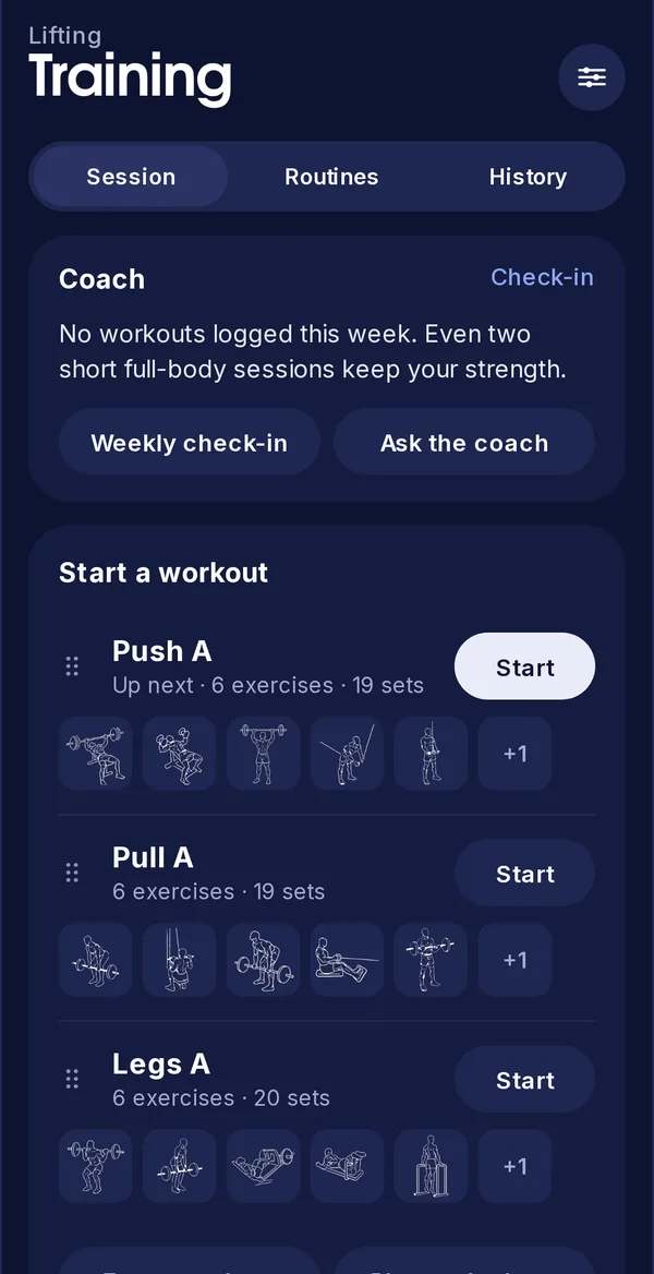 The Training tab: coach tips and routines Push, Pull and Legs