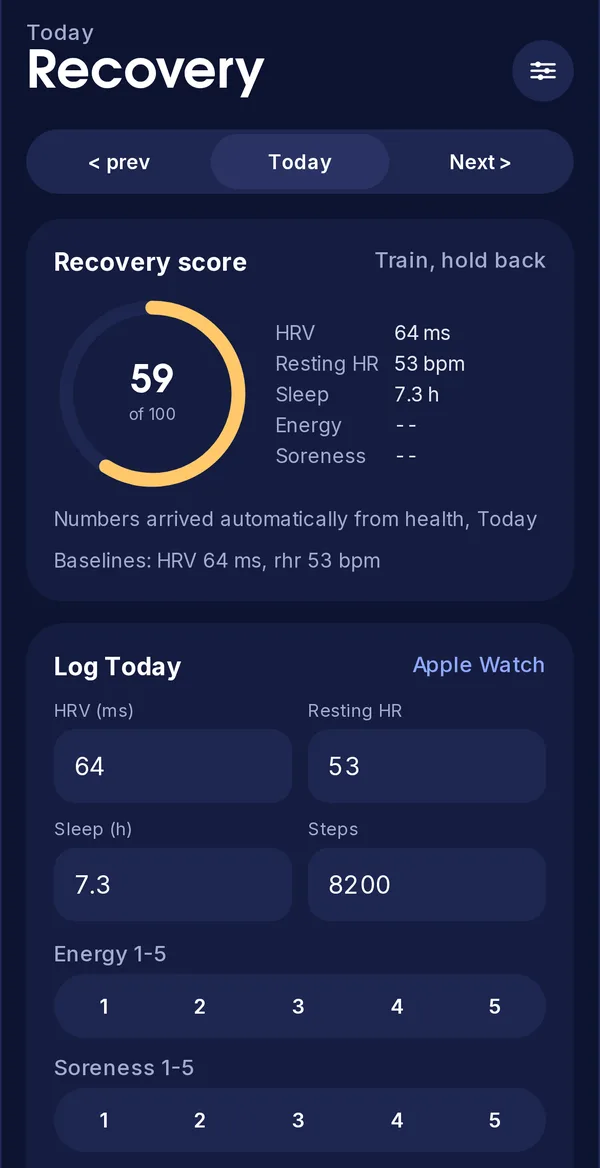 The Recovery tab: a score of 59 from HRV, resting heart rate and sleep